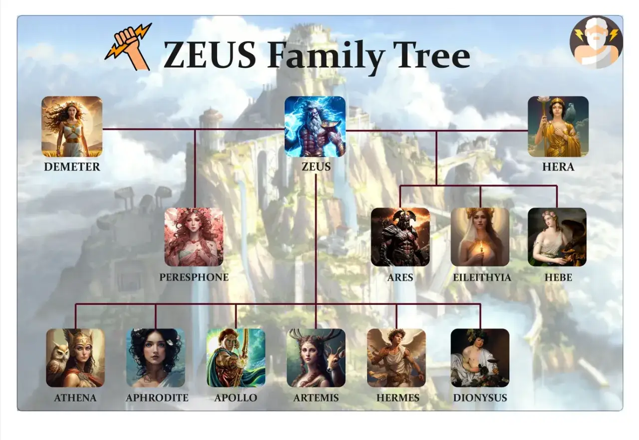 Arbre généalogique de Zeus. On y voit Zeus, ses épouses et ses enfants, dont Perséphone, fille de Zeus.