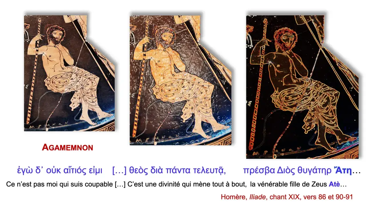 Trois repr&eacute;sentations d'Agamemnon, avec une citation sur la d&eacute;esse At&egrave;, fille de Zeus, qui est la cause de tout.