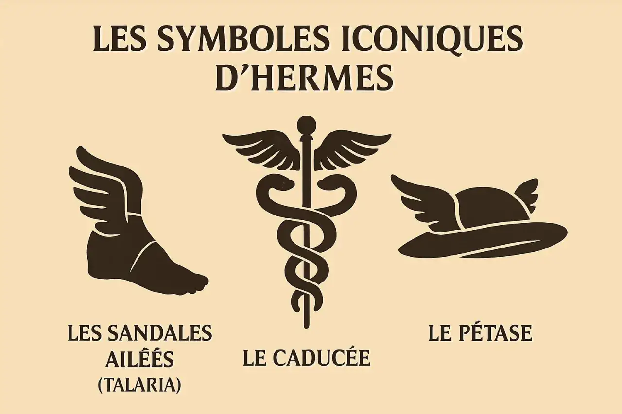 Les symboles iconiques d'Hermès : sandales ailées, caducée et pétase. Le dieu messager voyage vite grâce à ces attributs.