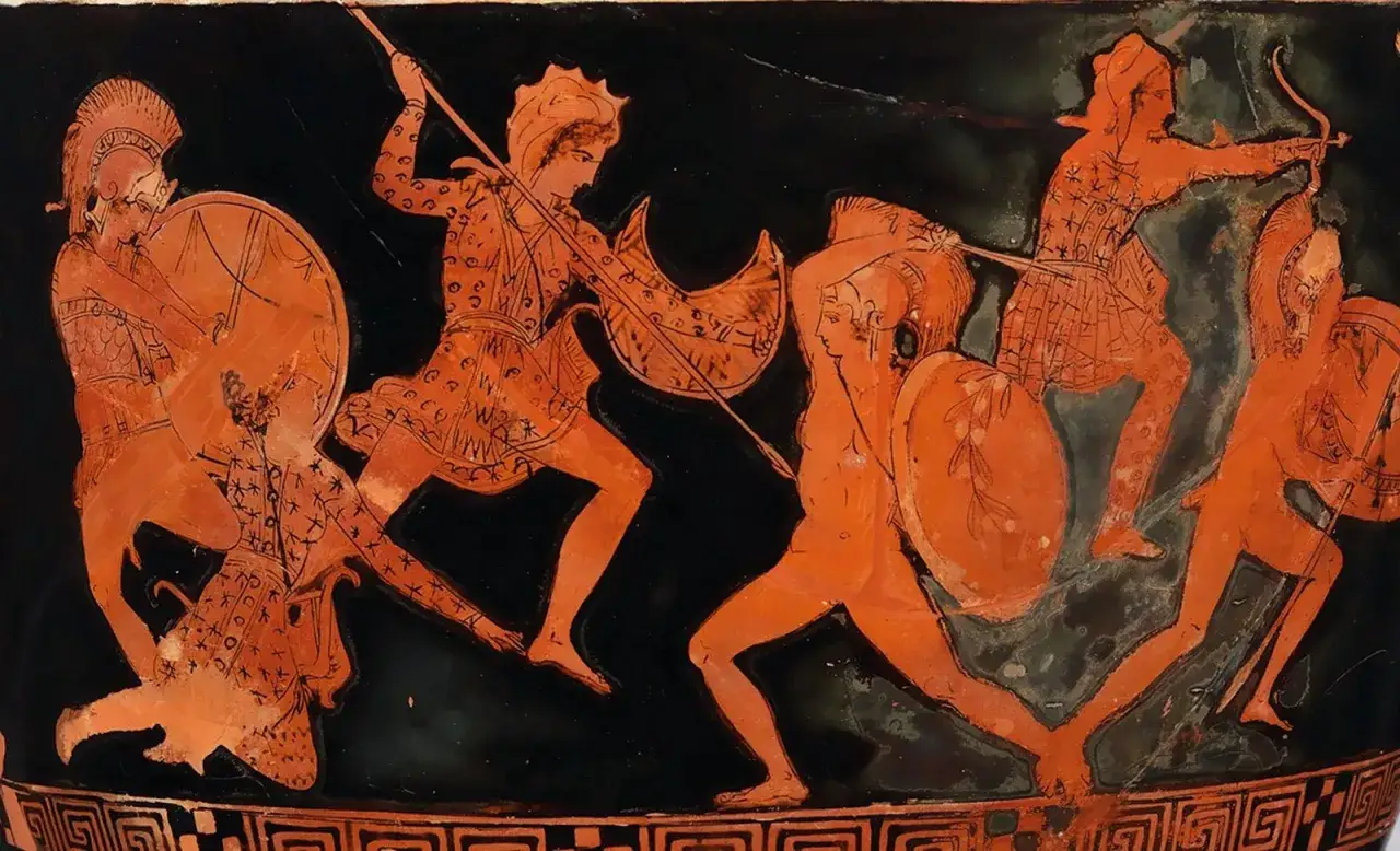 Sc&egrave;ne de combat antique : Hercule affronte des guerriers, peut-&ecirc;tre pour la ceinture d'Hippolyte. Figures rouges sur fond noir.