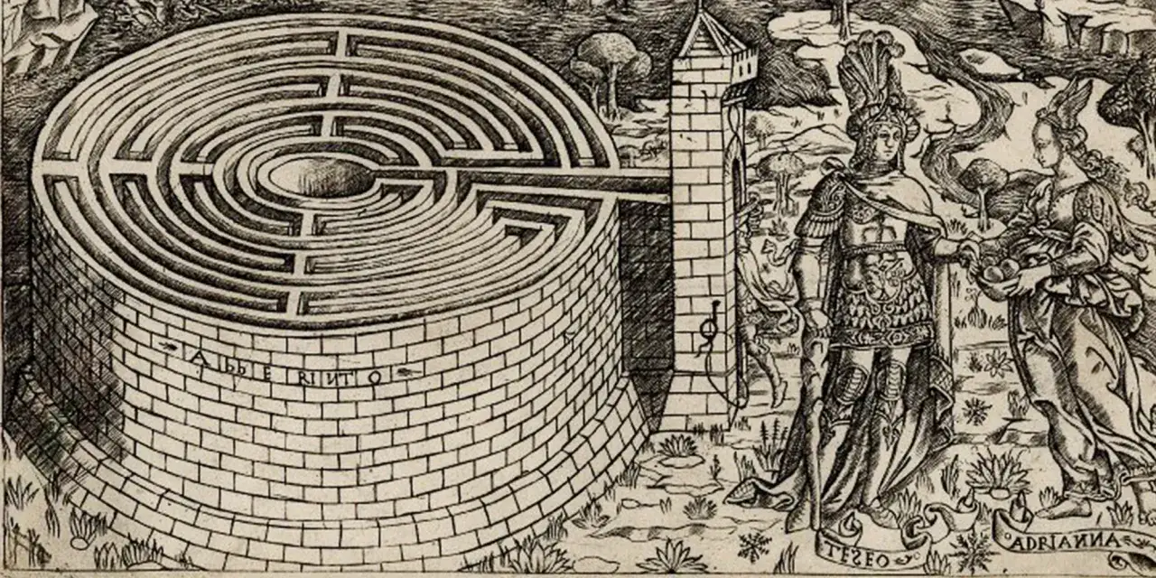 Un dédale mythologie, Thésée et Ariane se tenant près d'une tour et d'un labyrinthe circulaire.