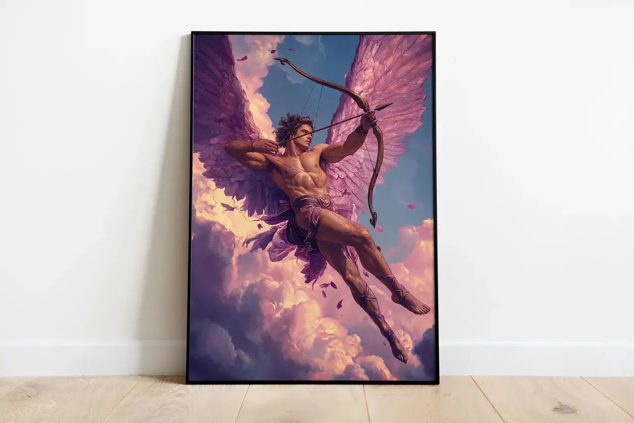 &Eacute;ros dieu, ailes roses, arc band&eacute;, pr&ecirc;t &agrave; d&eacute;cocher une fl&egrave;che d'amour dans un ciel nuageux.