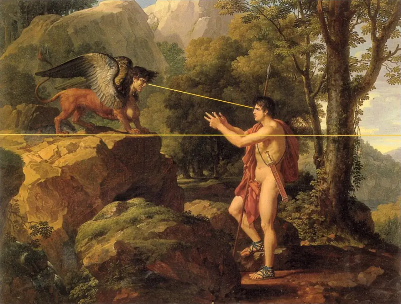 Un homme nu fait face à un sphinx ailé, créature de la mythologie grecque, dans un paysage rocheux.