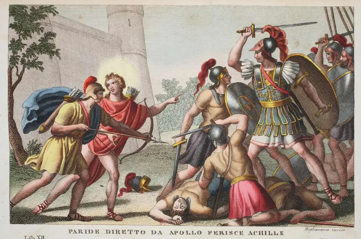 La mort d'Achille, guidé par Apollon, une flèche vise le héros. Combat acharné autour de son corps.