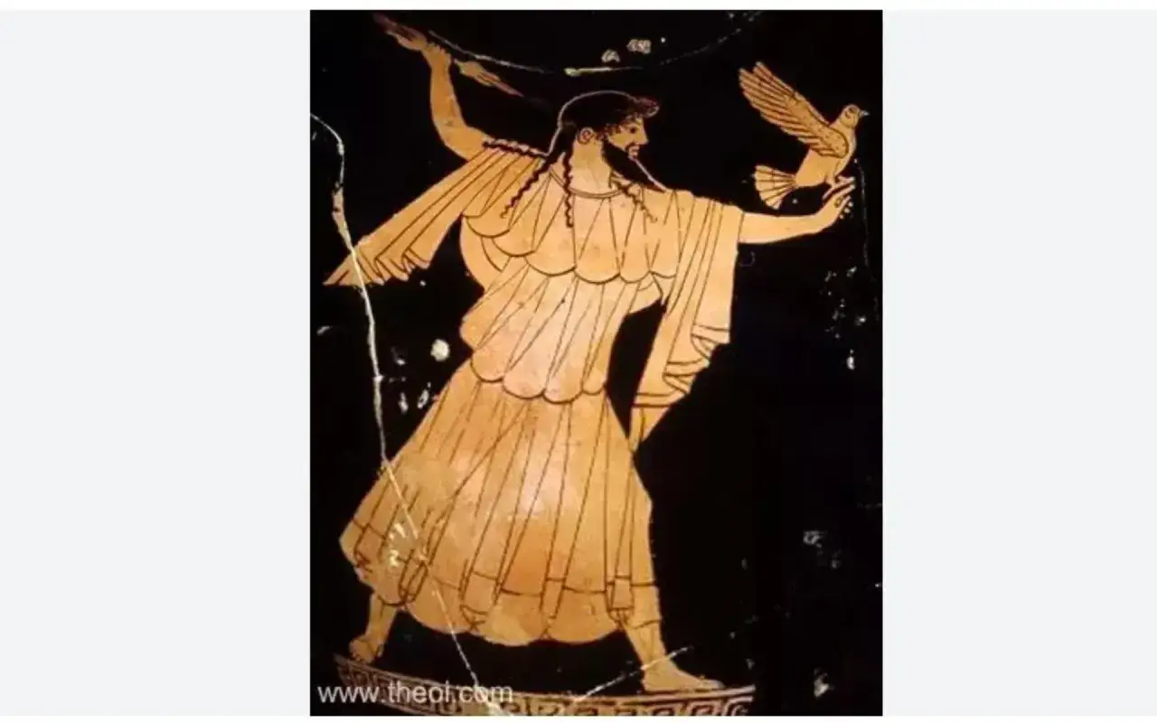 Zeus, dieu de la foudre, lance un éclair tout en tenant un oiseau.