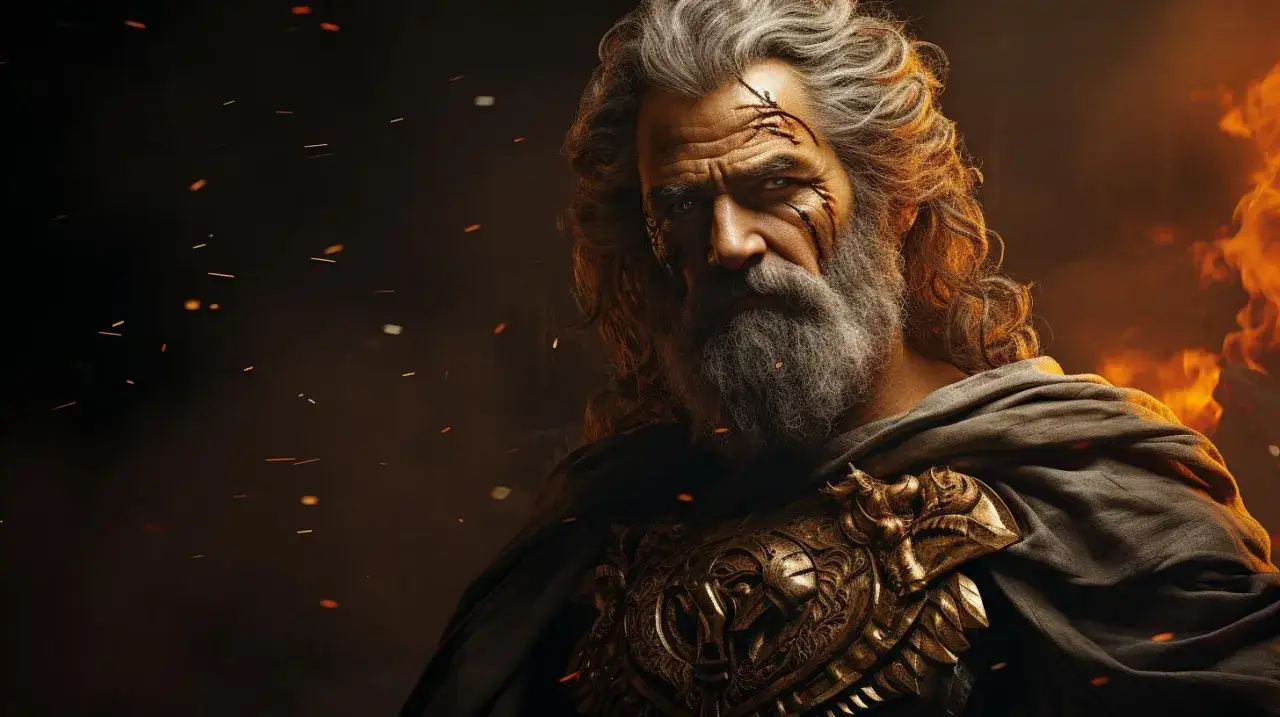 Le roi Égée, le visage marqué, porte une armure dorée. Des étincelles volent autour de lui, dans une ambiance de feu.