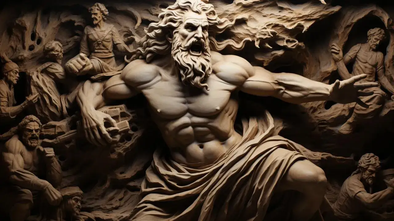 Sculpture en bois repr&eacute;sentant la force de qui est H&eacute;racl&egrave;s, entour&eacute; de figures humaines dans un d&eacute;cor rocheux.