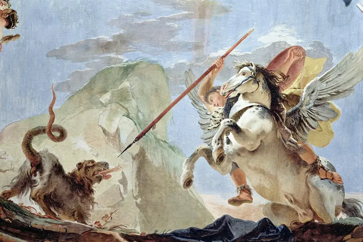 Bell&eacute;rophon sur P&eacute;gase, lance en main, affronte la Chim&egrave;re, monstre &agrave; t&ecirc;te de lion et queue de serpent, dans un combat &eacute;pique.