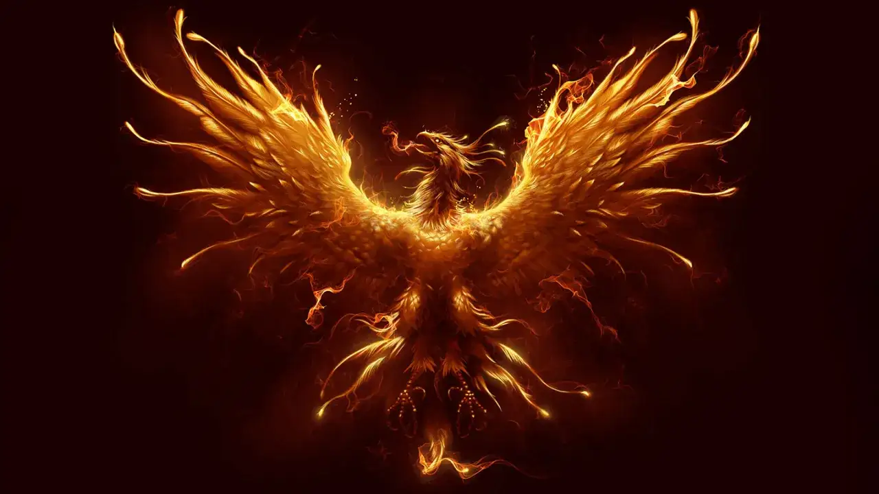 Un majestueux phénix mythologique, aux ailes flamboyantes, renaît de ses cendres dans une explosion de lumière dorée et orangée.