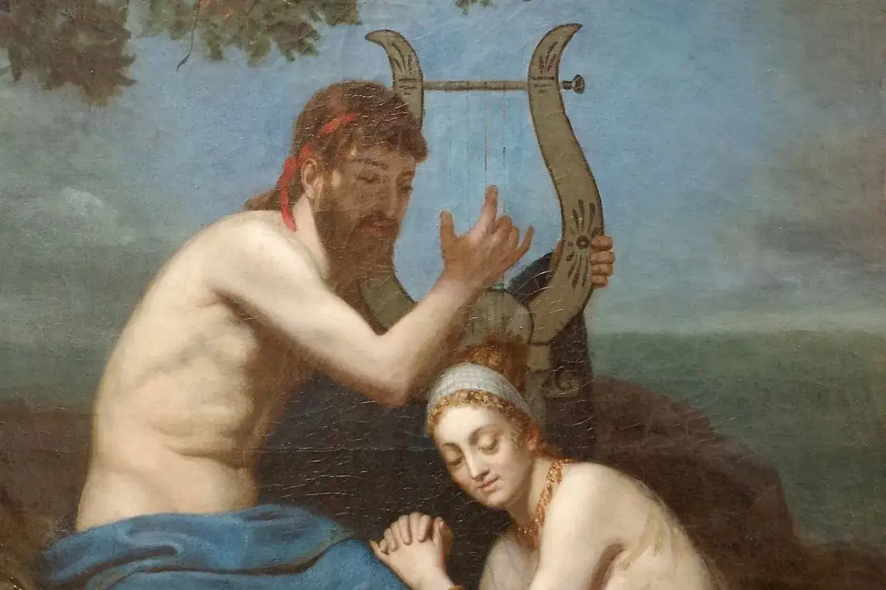 Orphée joue de la lyre pour apaiser Eurydice, son amour perdu, dans les enfers.