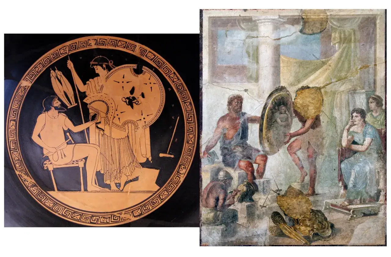 Sur une kylix, H&eacute;pha&iuml;stos offre une armure &agrave; Aphrodite. Une fresque montre des figures antiques, peut-&ecirc;tre H&eacute;pha&iuml;stos et Aphrodite, dans un atelier.