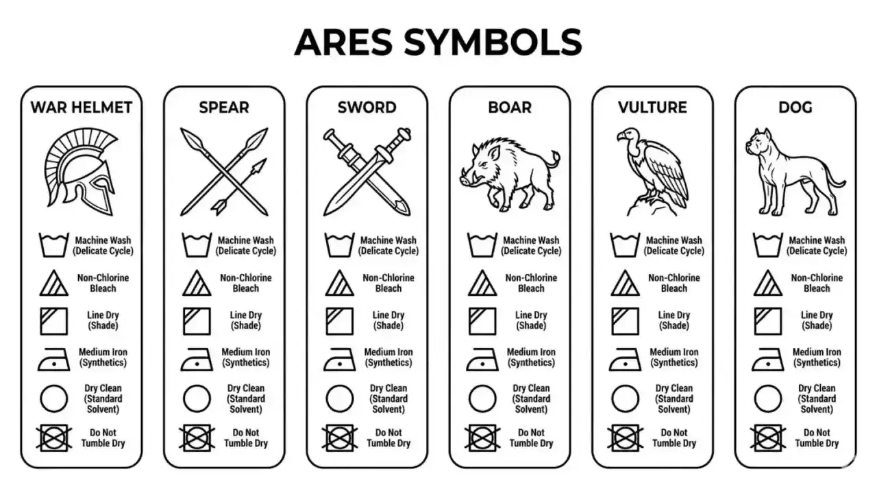Symboles d'Arès, le dieu de la guerre : casque, lance, épée, sanglier, vautour, chien, avec instructions d'entretien.
