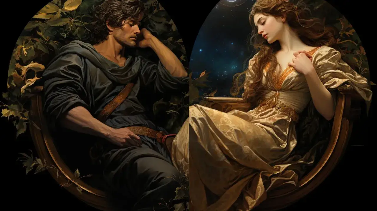 Morphée, dieu des rêves, repose près de Calliope, muse de la poésie épique. L'un s'endort sous le feuillage, l'autre contemple les étoiles.