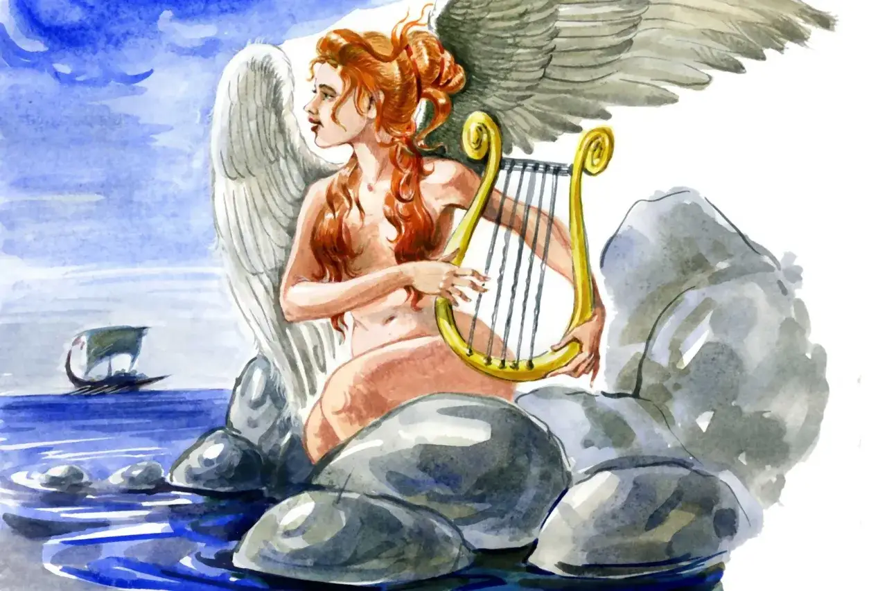 Sir&egrave;ne mythologie aux ailes d'ange, jouant de la lyre dor&eacute;e sur des rochers, un bateau navigue au loin.