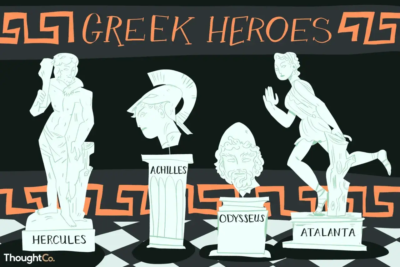 Statues de figures emblématiques de la mythologie grecque : Hercule, Achille, Ulysse et Atalante.