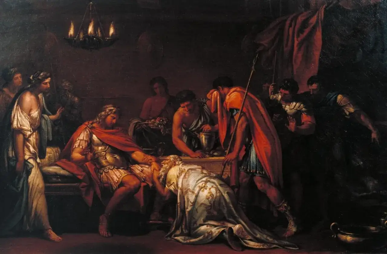 Priam, roi de Troie, supplie Achille de lui rendre le corps d'Hector. Une sc&egrave;ne poignante de la mythologie grecque.