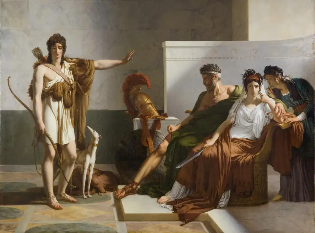 Phèdre, dans la mythologie grecque, est représentée ici accablée, face à Hippolyte. Une scène dramatique.