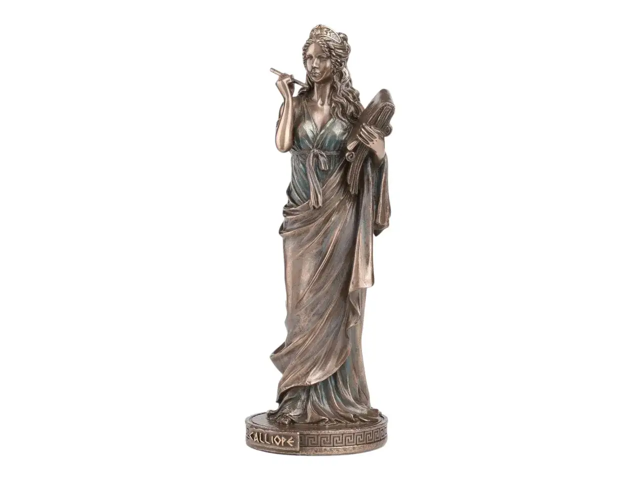 Statue de Calliope, muse de la mythologie grecque, tenant une tablette et un stylet, prête à composer une épopée.