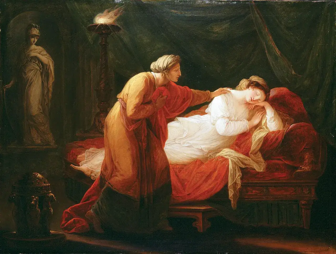 Une femme d'Ulysse, P&eacute;n&eacute;lope, dort paisiblement, r&eacute;confort&eacute;e par une servante. Une torche &eacute;claire la sc&egrave;ne.