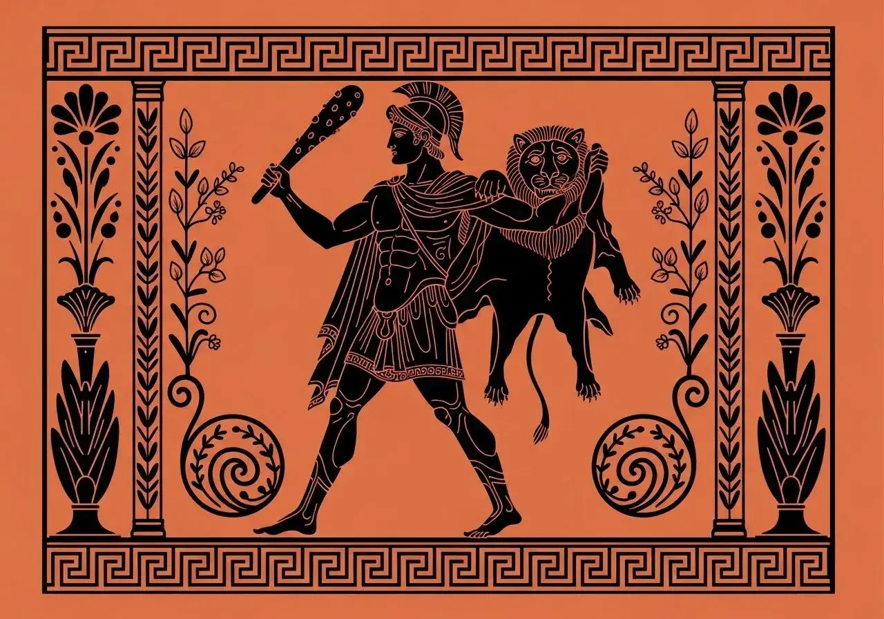 Hercule, dans le cadre des 12 travaux d'Hercule, porte le lion de Némée vaincu, une massue à la main.