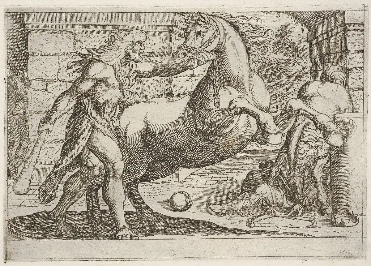 Hercule maîtrise les juments de Diomède, des créatures carnivores. Un homme gît au sol, vaincu par ces bêtes féroces.