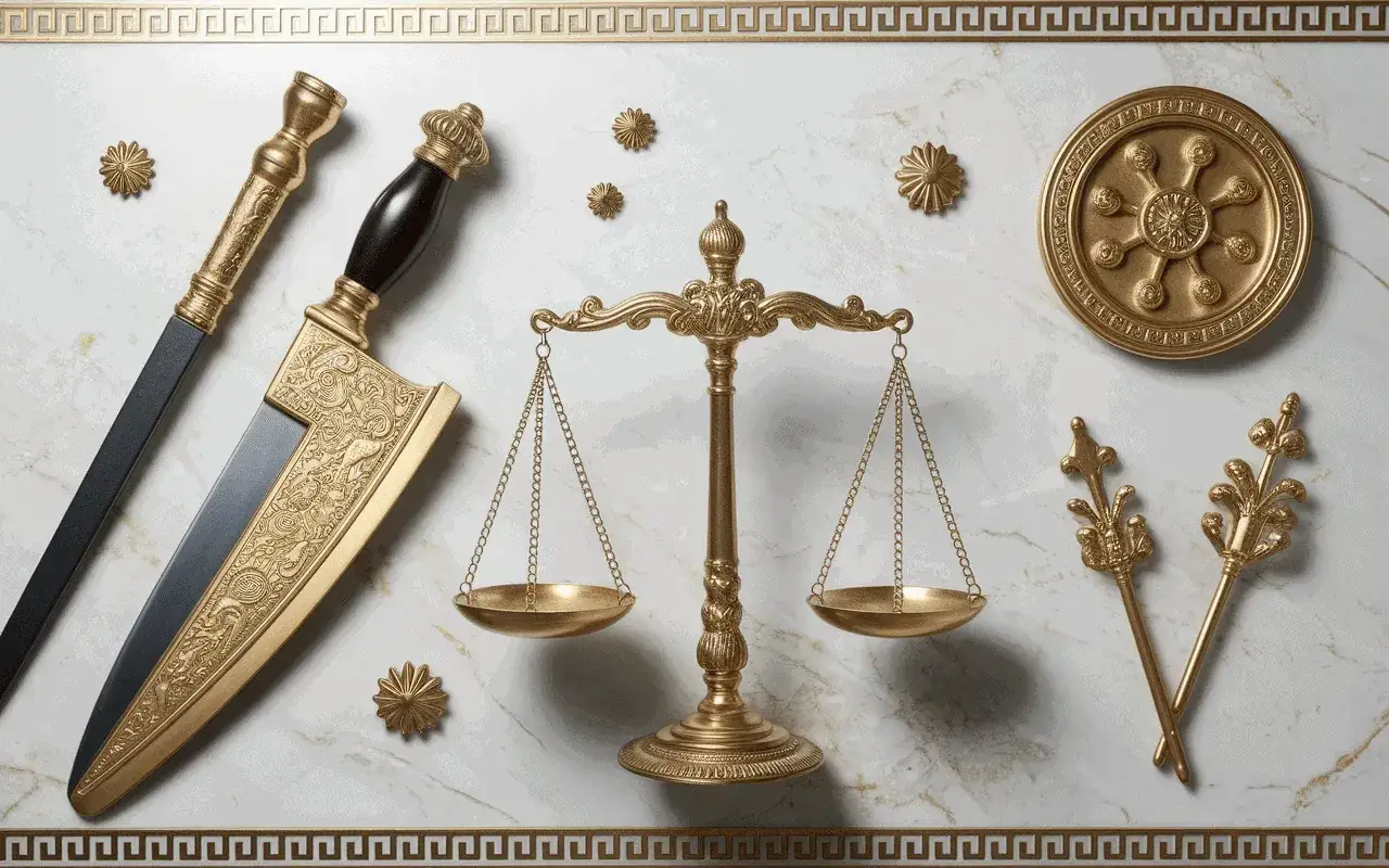 Balance de justice dor&eacute;e, &eacute;p&eacute;e orn&eacute;e, symboles de la loi. La n&eacute;m&eacute;sis d&eacute;finition est ici incarn&eacute;e par ces objets, &eacute;voquant la justice divine et la r&eacute;tribution.