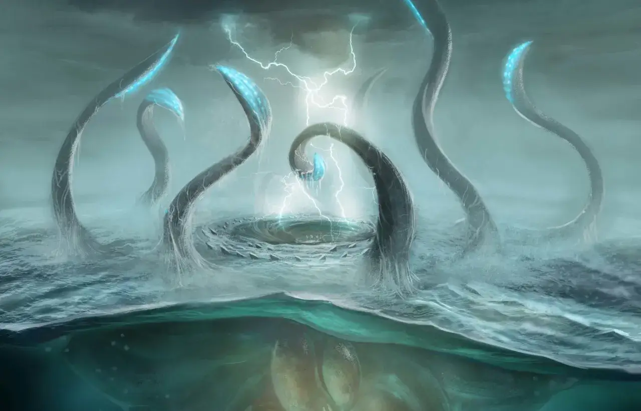 Tentacules lumineux émergeant d'un tourbillon menaçant, évoquant la terreur de Charybde dans la mythologie grecque.