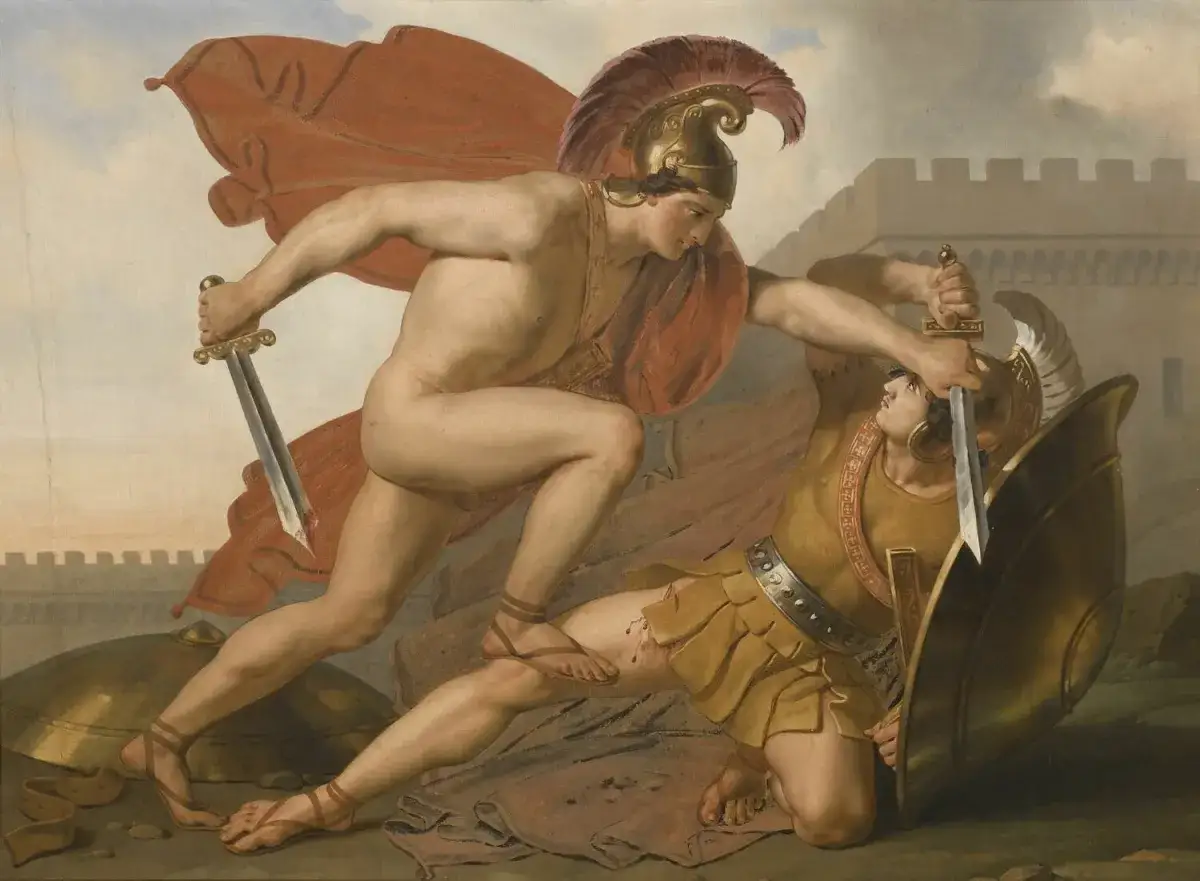 Un guerrier nu, qui est Arès, le dieu de la guerre, s'apprête à frapper un ennemi vaincu. Le combat fait rage.