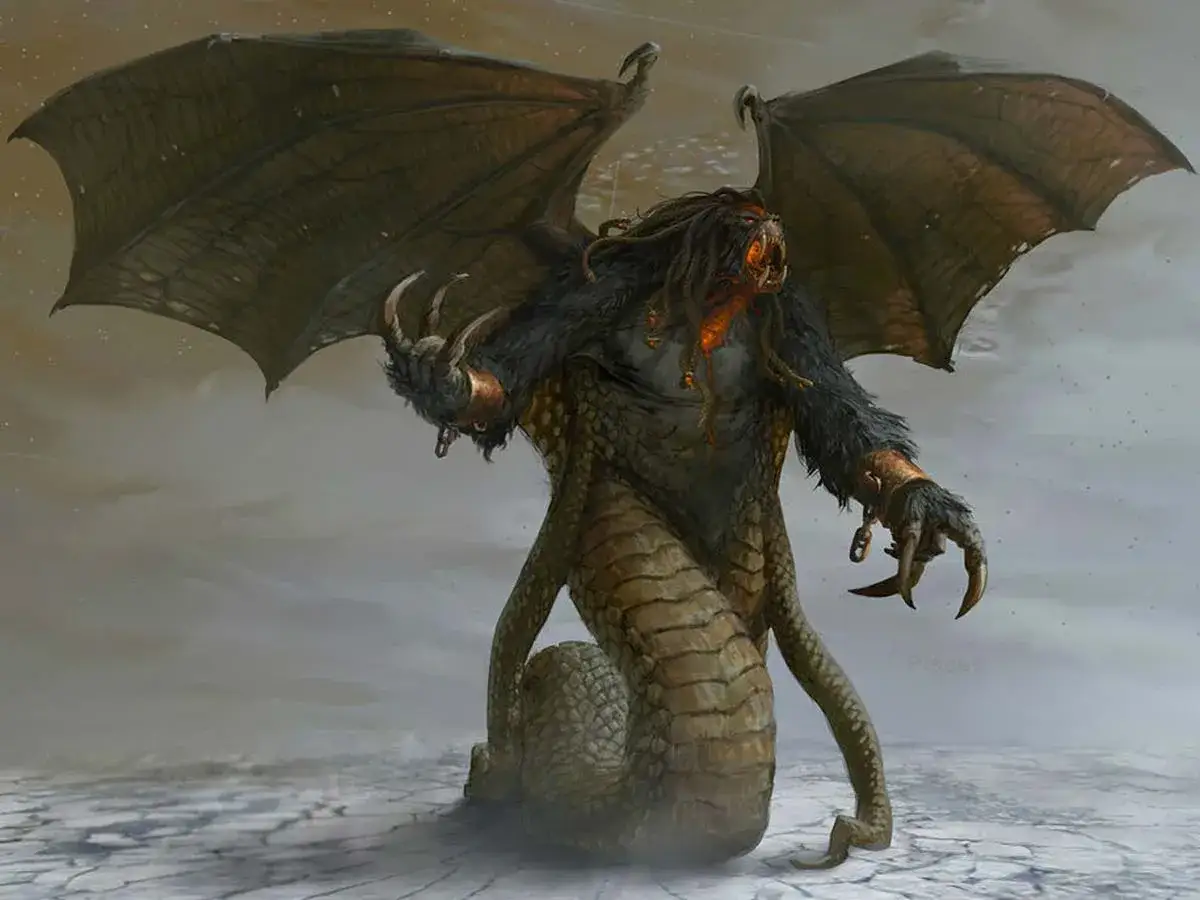Un monstre de la mythologie grecque, créature ailée aux griffes acérées et au corps de serpent, émerge d'un paysage désolé.