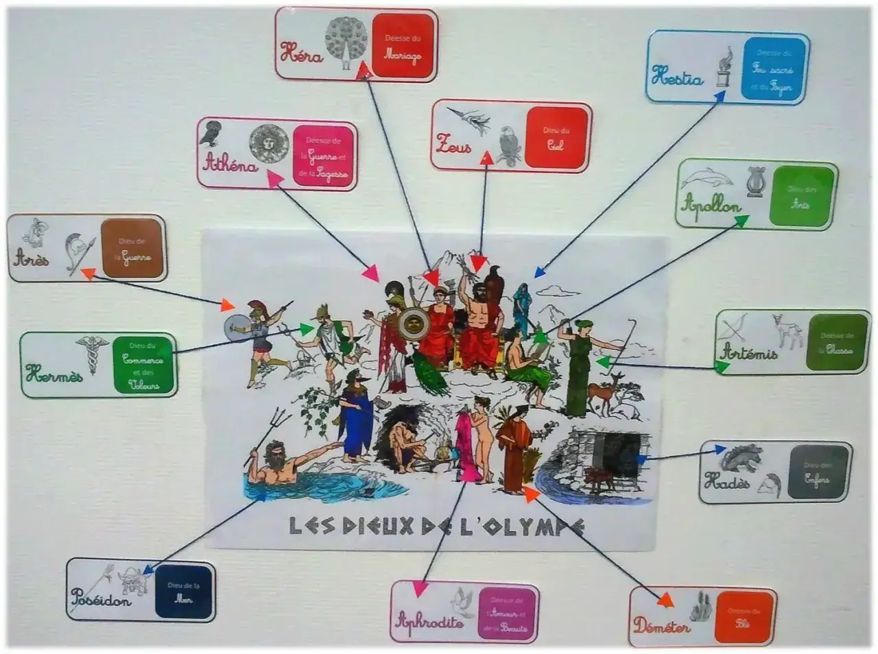 Tableau des dieux grecs pour la 6ème : Zeus, Héra, Athéna, Poséidon, Aphrodite, Hermès, Apollon, Artémis, Hadès, Déméter, Hestia.