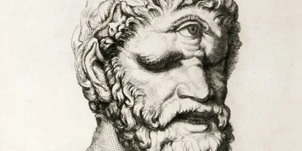 Portrait gravé d'un cyclope barbu, avec un seul œil au milieu du front. Une créature mythologique terrifiante.