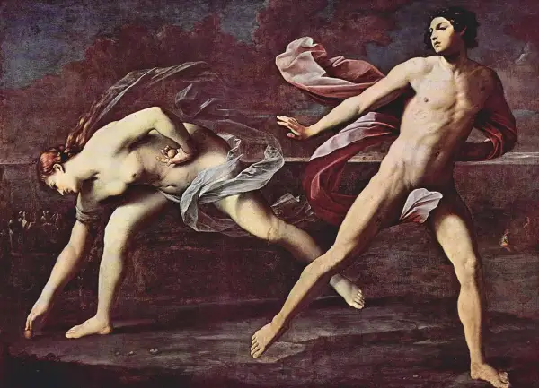 Course de Hippomène et Atalante, scène de la mythologie grecque. Atalante, la chasseresse, court, laissant tomber des pommes d'or.
