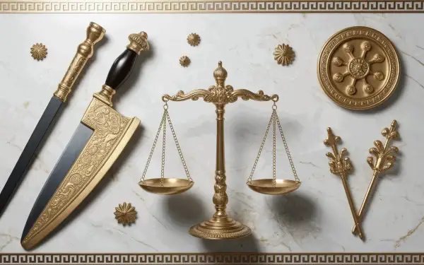 Balance de justice dorée, épée ornée et symboles antiques. La **némésis définition** se reflète dans ces objets, évoquant la justice divine et la rétribution.