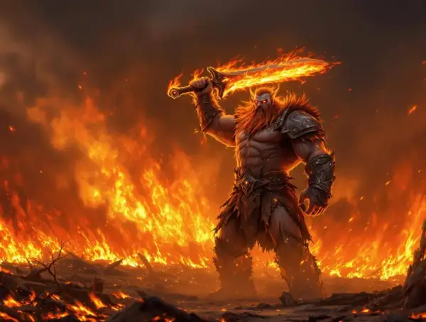 Un guerrier imposant, le dieu du feu, brandit une épée enflammée au milieu d'un paysage dévasté par les flammes.