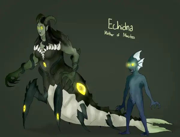 Échidna, mère des monstres de la mythologie grecque, avec son corps de serpent et ses multiples yeux brillants, aux côtés d'une créature aquatique.