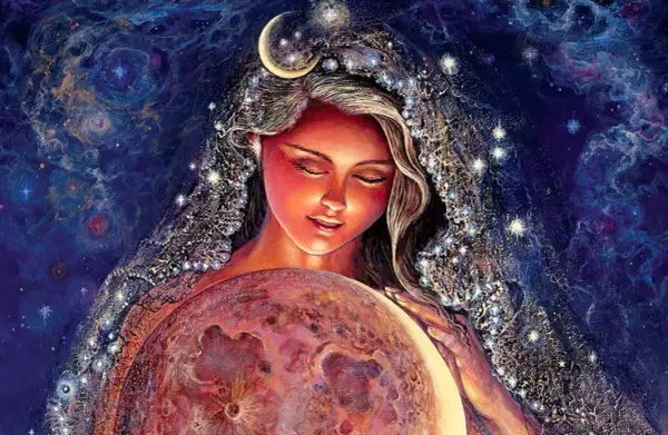 Une femme aux yeux clos, coiffée d'un croissant de **selene lune**, enlace une sphère lumineuse. Son voile scintille d'étoiles sur fond cosmique.