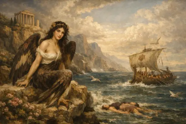 Une sirène mythologie, aux ailes d'aigle et au corps écailleux, observe un navire antique. Un homme flotte, inconscient, dans les vagues déchaînées.