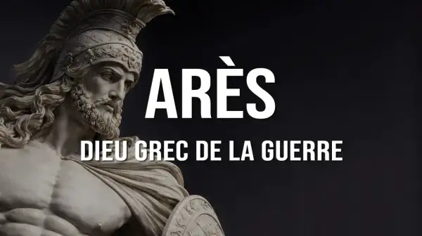 Statue d'Arès, dieu grec de la guerre, portant un casque et un bouclier.