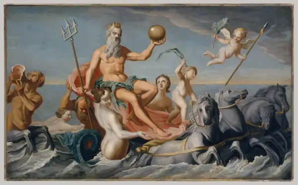 Neptune, le dieu de la mer, trône sur un char tiré par quatre chevaux marins. Un triton souffle dans un cor, tandis que des putti célèbrent sa puissance.