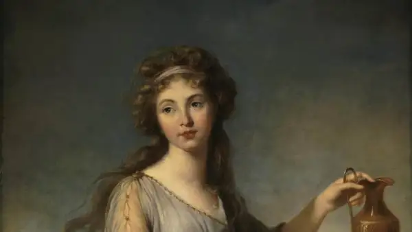Portrait d'une jeune femme aux cheveux bouclés, tenant une cruche dorée. Elle pourrait être une fille de Zeus et Héra, déesse de la jeunesse et de la beauté.