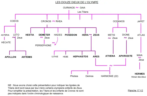 Arbre généalogique des dieux grecs, montrant la famille de Zeus, ses parents, frères, sœurs et enfants.