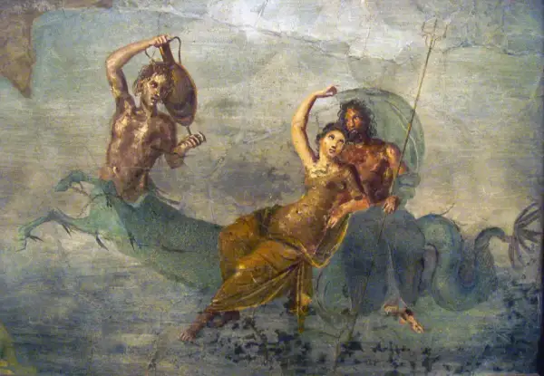 Une femme, peut-être une nymphe, est portée par un homme mi-homme mi-poisson, évoquant Poséidon. Un autre personnage marin est à gauche.