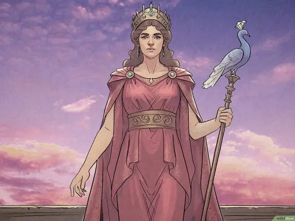 La déesse Héra, couronnée et vêtue de rose, tient un sceptre surmonté d'un paon. Sa signification est celle de la royauté et de la protection du mariage.