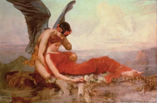 Morphée, le dieu des rêves, enlace Calliope, muse de la poésie épique, dans un paysage onirique.