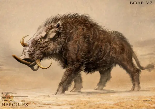 Le sanglier d'Érymanthe, une créature mythologique aux défenses impressionnantes, avance dans un paysage désertique.