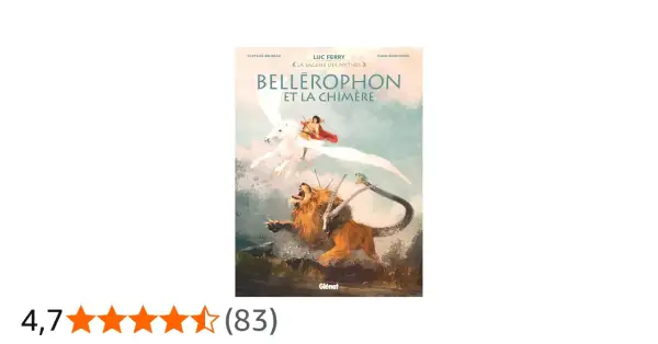 Bellérophon, sur Pégase, affronte la Chimère, monstre à tête de lion, de chèvre et de serpent. L'illustration dépeint ce combat mythologique.