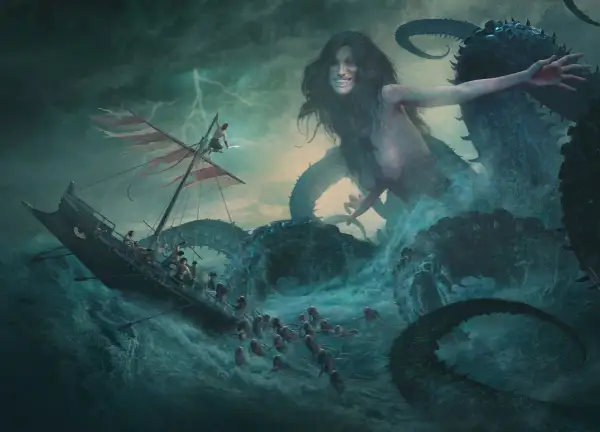 Scylla, monstre marin de la mythologie, attaque un navire. Ses tentacules s'élèvent des flots déchaînés, menaçant les marins terrifiés.