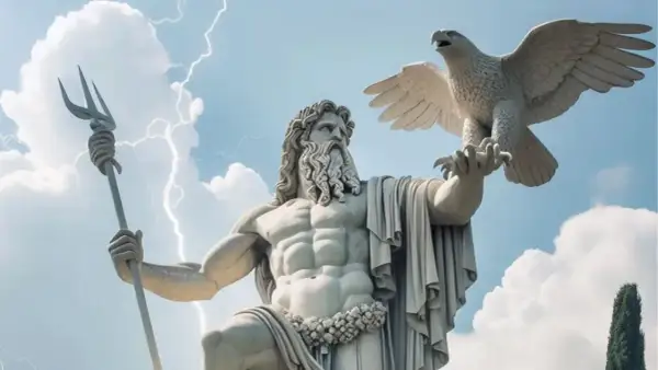 Statue du dieu de la pluie grec, Zeus, tenant un trident et un aigle, sous un ciel orageux.