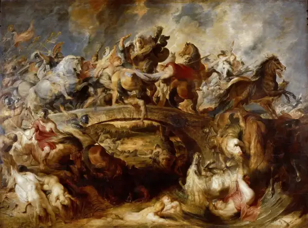 La bataille acharnée des Amazones sur un pont, où hommes et chevaux s'affrontent dans un chaos dramatique.