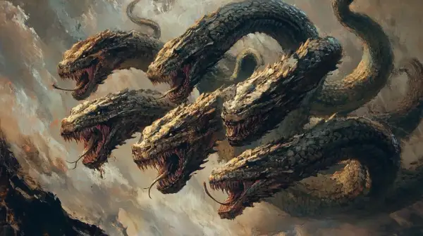 L'hydre de Lerne, créature mythologique aux multiples têtes de serpent, émerge des brumes, gueules ouvertes et langues bifides sifflantes.
